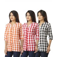 ASMANII COMBO PACK OF 3  ORANGE PINK & BLACK COTTON CHECK SHIRTS JAIPUR