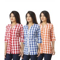 ASMANII COMBO PACK OF 3 PINK LIGHT BLUE & ORANGE COTTON CHECK SHIRTS JAIPUR