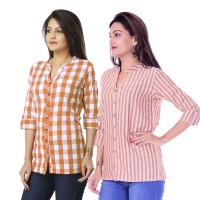 ASMANII COMBO PACK OF 2 BROWN CHECK & YELLOW PURPLE STRIPED COTTON SHIRTS JAIPUR