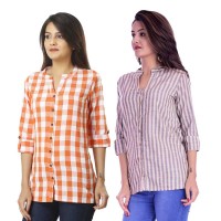 ASMANII COMBO PACK OF 2 ORANGE CHECK & CREAM GREY STRIPED COTTON SHIRTS JAIPUR