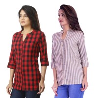 ASMANII COMBO PACK OF 2 RED CHECK & CREAM GREY STRIPED COTTON SHIRTS JAIPUR