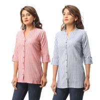 ASMANII COMBO PACK OF 2 RED BLUE COTTON CASUAL STRIPED SHIRTS JAIPUR