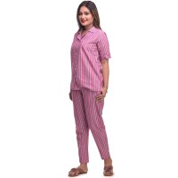 Pink Cotton Striped Half Sleeve Shirt & Pyjama Set