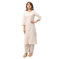 LIGHT YELLOW COTTON FRONT BUTTON DESIGN KURTA STRIPED PANT SET JAIPUR 