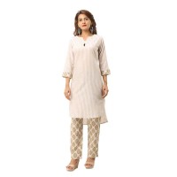 LIGHT YELLOW FRONT DESIGN COTTON KURTA STRIPED PANT SET JAIPUR