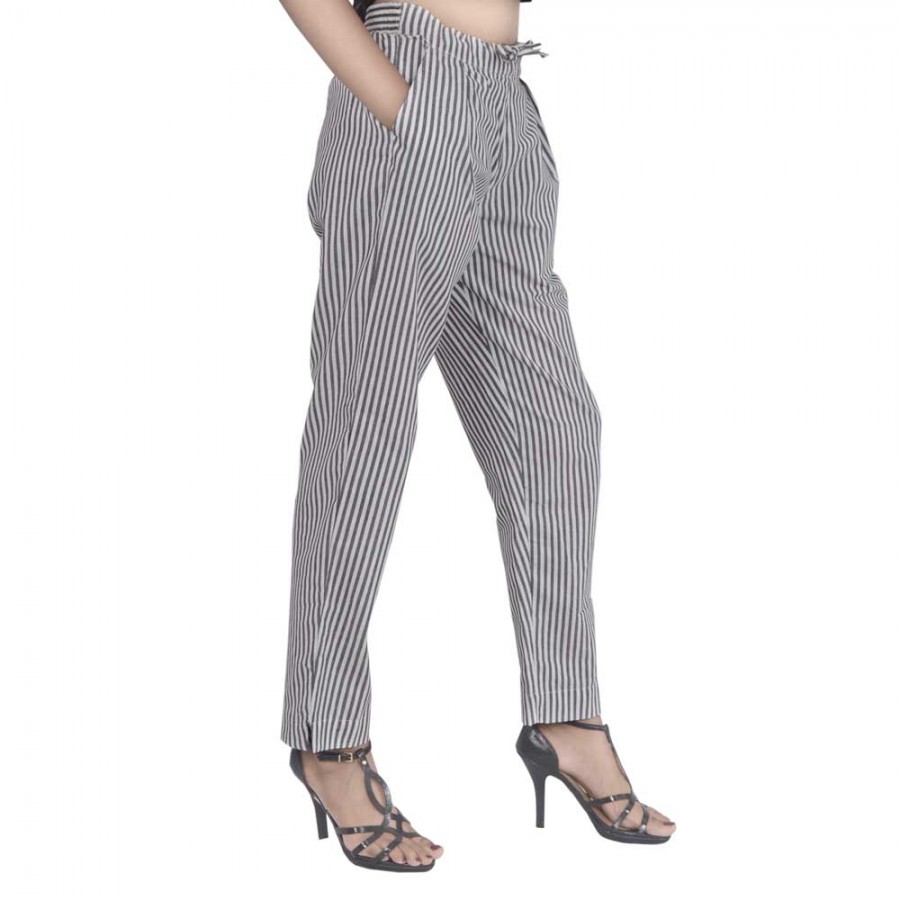 Mens Grey Polyester Striped Formal Trousers