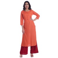 ASMANII ORANGE ROUND NECK FRONT  BUTTON KURTI  RED BLUE PALAZZO SET JAIPUR