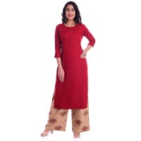 ASMANII RED ROUND NECK KURTI  BROWN RECTANGLE PALAZZO SET JAIPUR