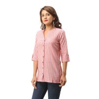 ASMANII WOMEN RED COTTON CASUAL STRIPED SHIRT JAIPUR