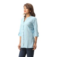 ASMANII LIGHT BLUE COTTON CASUAL STRIPED SHIRT FOR WOMEN JAIPUR