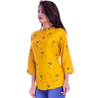 ASMANII WOMEN YELLOW GREY FLOWER PRINTED RAYON TOP JAIPUR