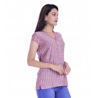 ASMANII WOMEN RED GREY STRIPED V NECK COTTON TOP JAIPUR