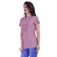 ASMANII WOMEN RED GREY STRIPED V NECK BUTTON COTTON TOP JAIPUR